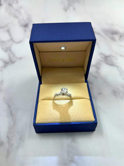 1.00 Carat Round Shape Brilliant Cut Diamond 18k White Gold Baguette Sides Ring