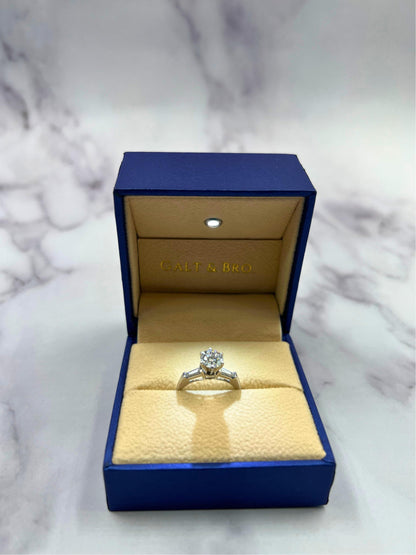 1.00 Carat Round Shape Brilliant Cut Diamond 18k White Gold Baguette Sides Ring