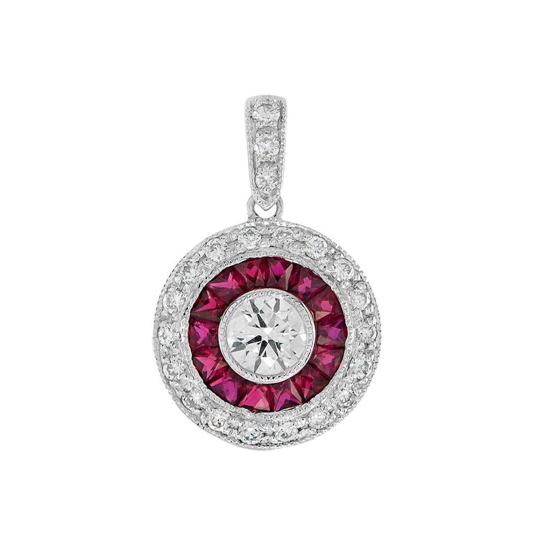 Art Deco Style Diamond & Red Pink Ruby Halo Set 14K White Gold Pendant