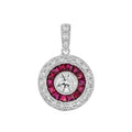 Art Deco Style Diamond & Red Pink Ruby Halo Set 14K White Gold Pendant