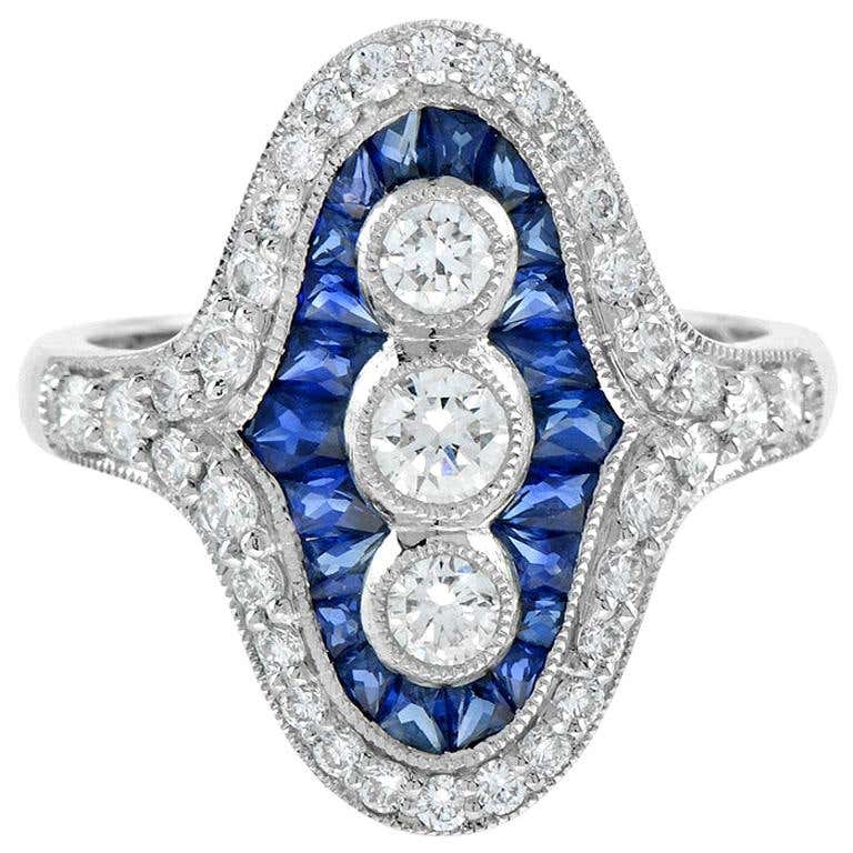 Three Stone French Cut Diamond with Blue Sapphire Cocktail Vintage Style Ring