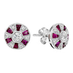 Round Diamond & French Cut Red Pink Ruby Art Deco Style Stud White Gold Earrings