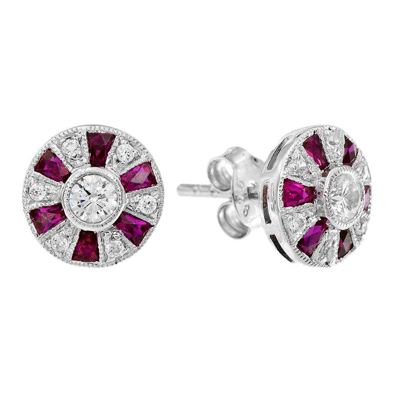 Round Diamond &amp; French Cut Red Pink Ruby Art Deco Style Stud White Gold Earrings