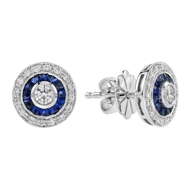 3mm Round Diamond & Blue Sapphire Double Halo Set Stud 14K White Gold Earrings