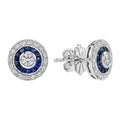 3mm Round Diamond & Blue Sapphire Double Halo Set Stud 14K White Gold Earrings