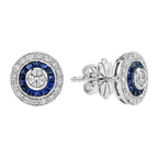 3mm Round Diamond & Blue Sapphire Double Halo Set Stud 14K White Gold Earrings