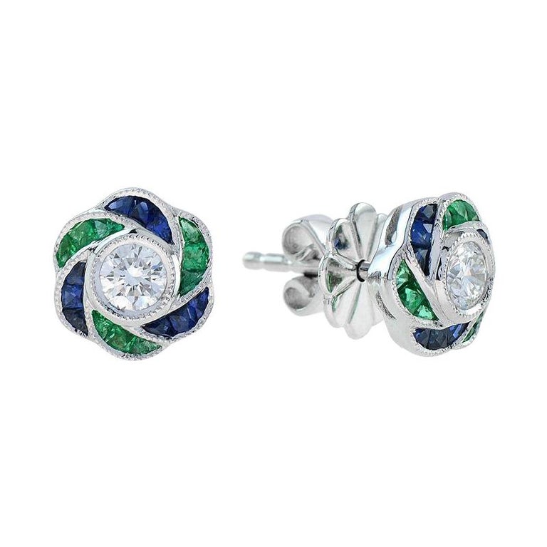 3.5mm Diamond Green Emerald & Blue Sapphire Rose Petal Stud 14K Gold Earrings