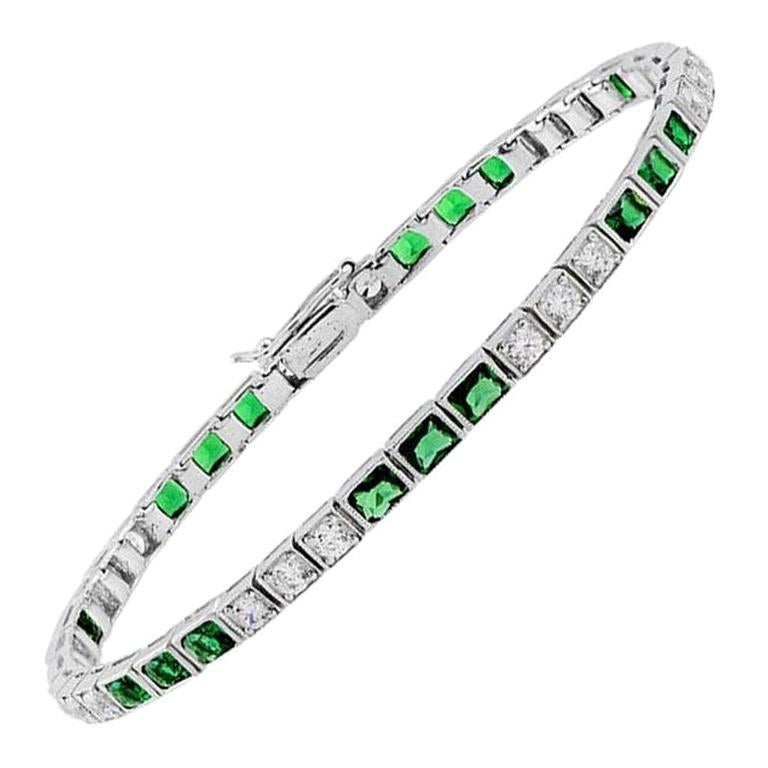 Alternate Square Shape Green Emerald & Diamond White Gold Tennis Line Bracelet