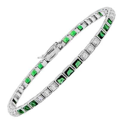 Alternate Square Shape Green Emerald & Diamond White Gold Tennis Line Bracelet