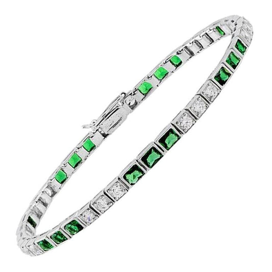 Alternate Square Shape Green Emerald & Diamond White Gold Tennis Line Bracelet