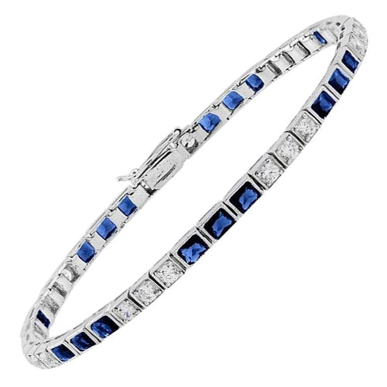 alternate square shape blue sapphire & diamond white gold tennis line bracelet