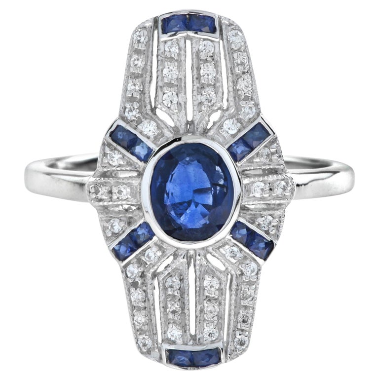 Shield Art Deco Style Inspired Blue Sapphire & Diamond Platinum Ring