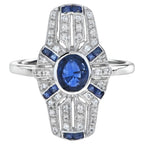 Shield Art Deco Style Inspired Blue Sapphire & Diamond Platinum Ring