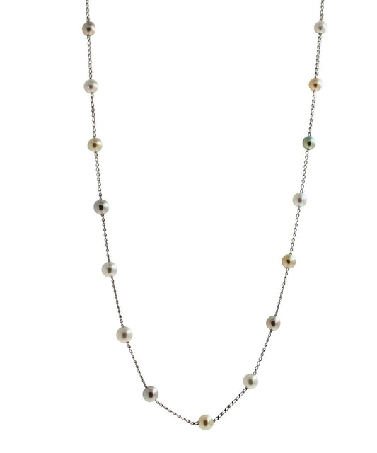 14 Karat White Gold Multi Color White Silver Grey Golden Akoya Pearl Bead Layer 