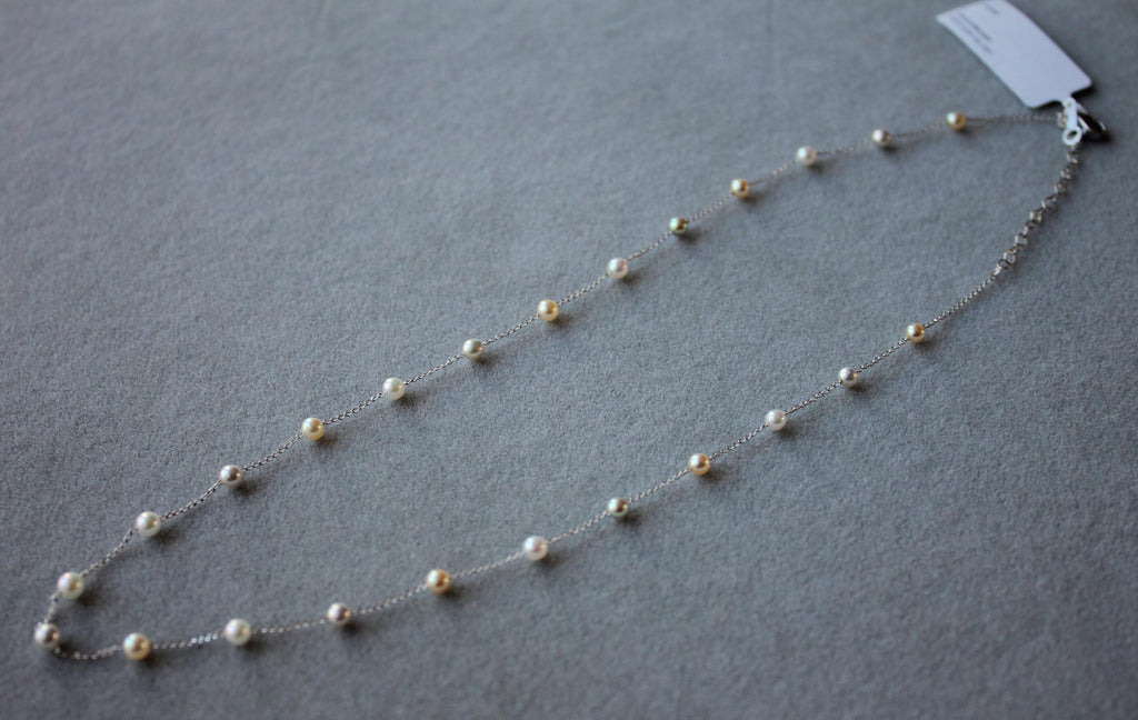 14 Karat White Gold Multi Color White Silver Grey Golden Akoya Pearl Bead Layer 