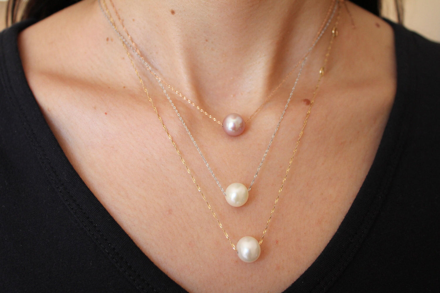 14 karat yellow gold white pearl layer dainty classic beautiful pearls timeless 