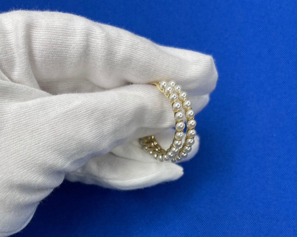 14 Karat Yellow Gold White Silvery Baby Akoya Pearl Line Unique Statement Medium