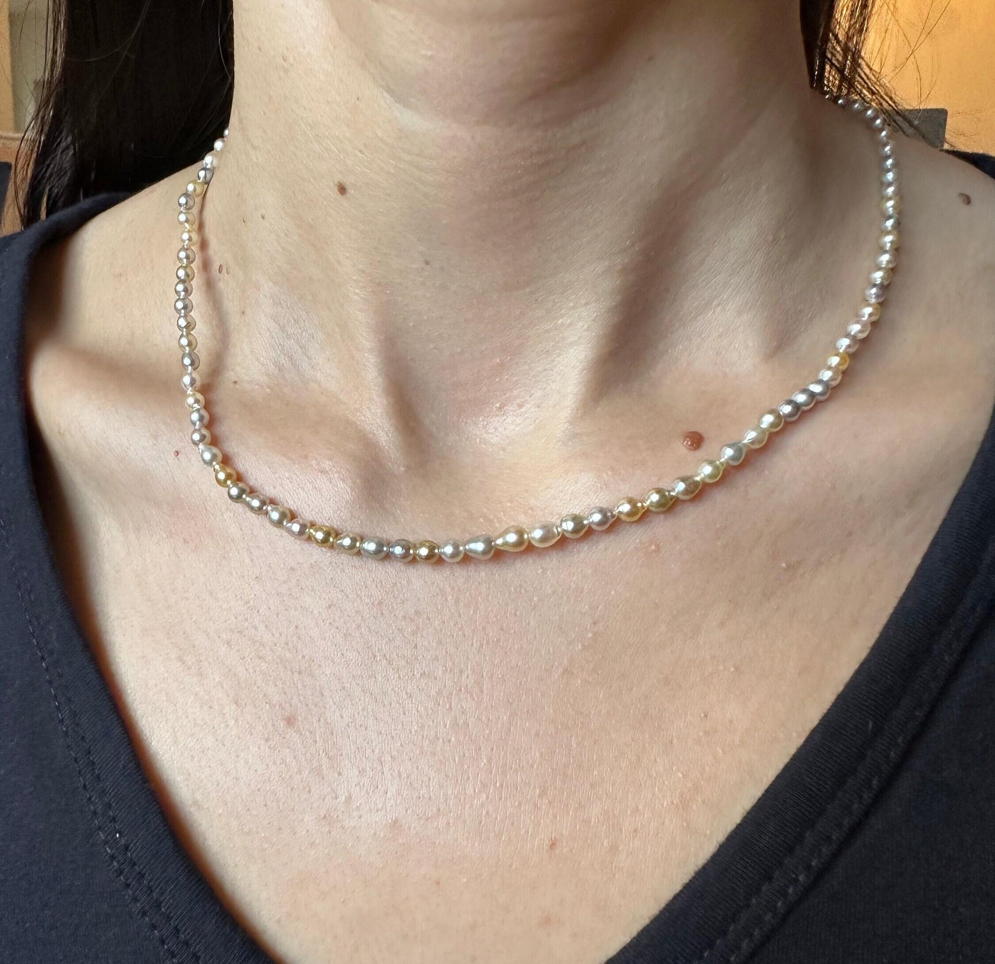 14 Karat Yellow Gold Multi Color White Silver Grey Golden Akoya Pearl Bead Layer