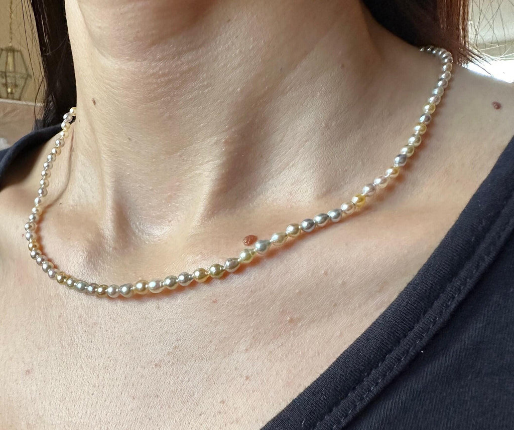 14 Karat Yellow Gold Multi Color White Silver Grey Golden Akoya Pearl Bead Layer