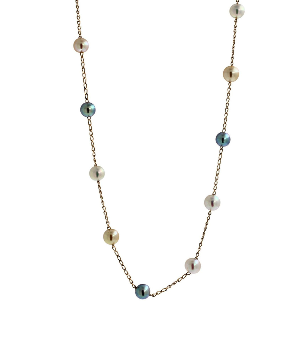 14 Karat Yellow Gold Multi Color White Silver Grey Golden Akoya Pearl Bead Layer