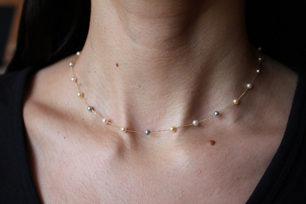 14 Karat Yellow Gold Multi Color White Silver Grey Golden Akoya Pearl Bead Layer