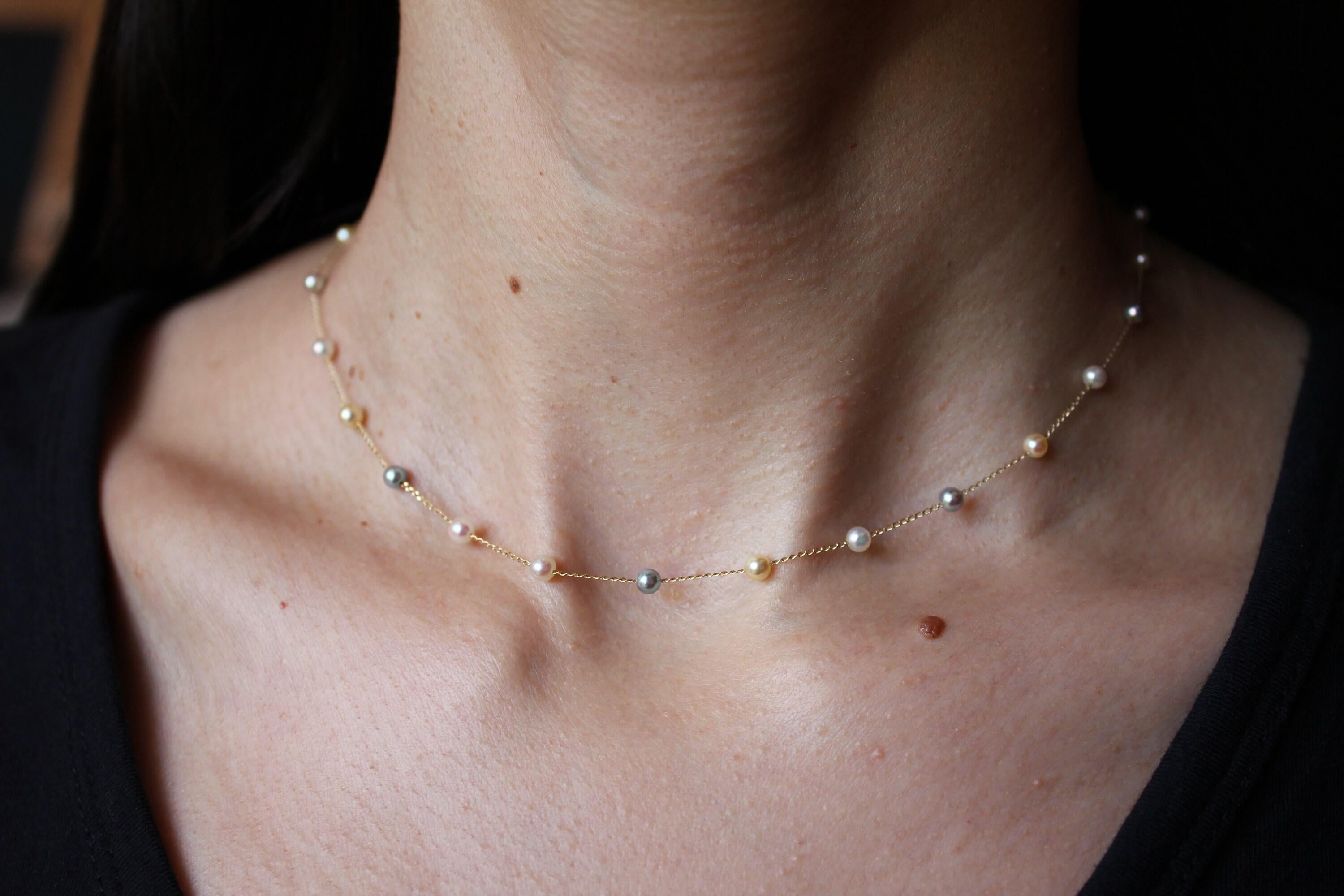14 Karat Yellow Gold Multi Color White Silver Grey Golden Akoya Pearl Bead Layer