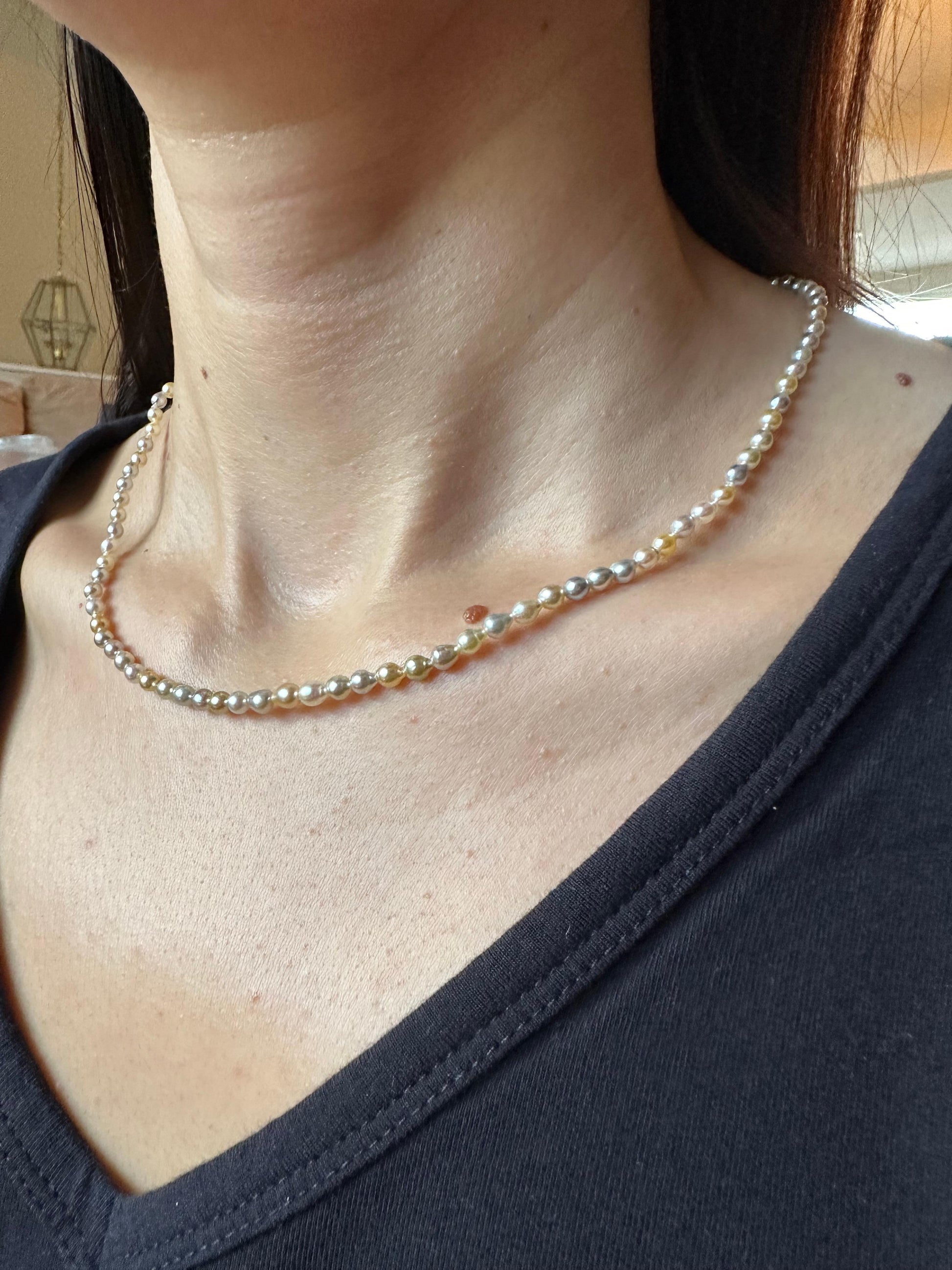 14 Karat Yellow Gold Multicolor Akoya Cultured Pearl Layer Thin Bead Necklace