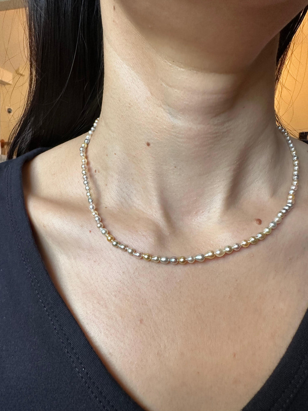 14 Karat Yellow Gold Multicolor Akoya Cultured Pearl Layer Thin Bead Necklace
