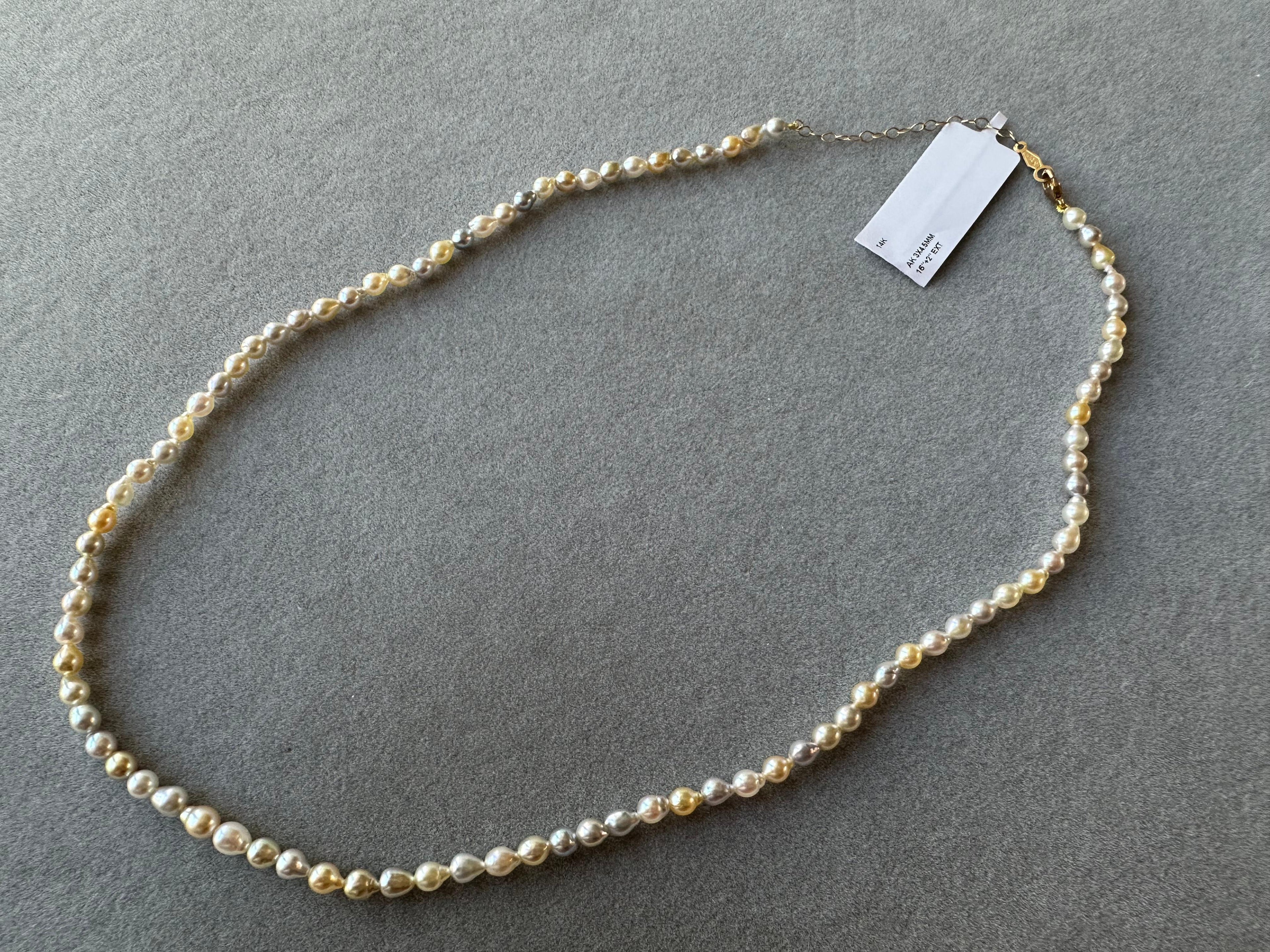 14 Karat Yellow Gold Multicolor Akoya Cultured Pearl Layer Thin Bead Necklace