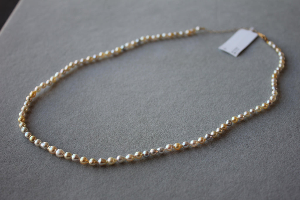 14 Karat Yellow Gold Multicolor Akoya Cultured Pearl Layer Thin Bead Necklace