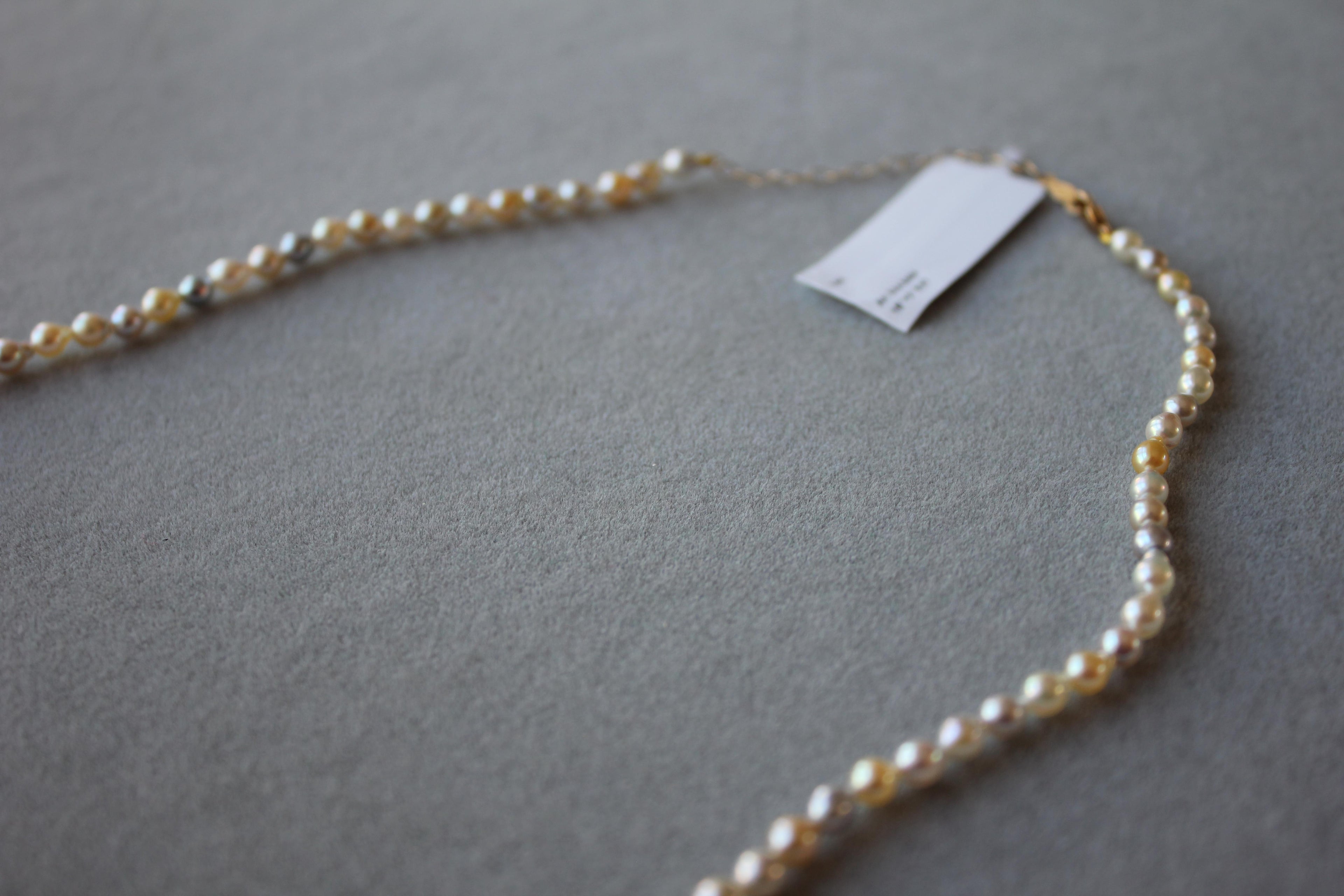 14 Karat Yellow Gold Multicolor Akoya Cultured Pearl Layer Thin Bead Necklace