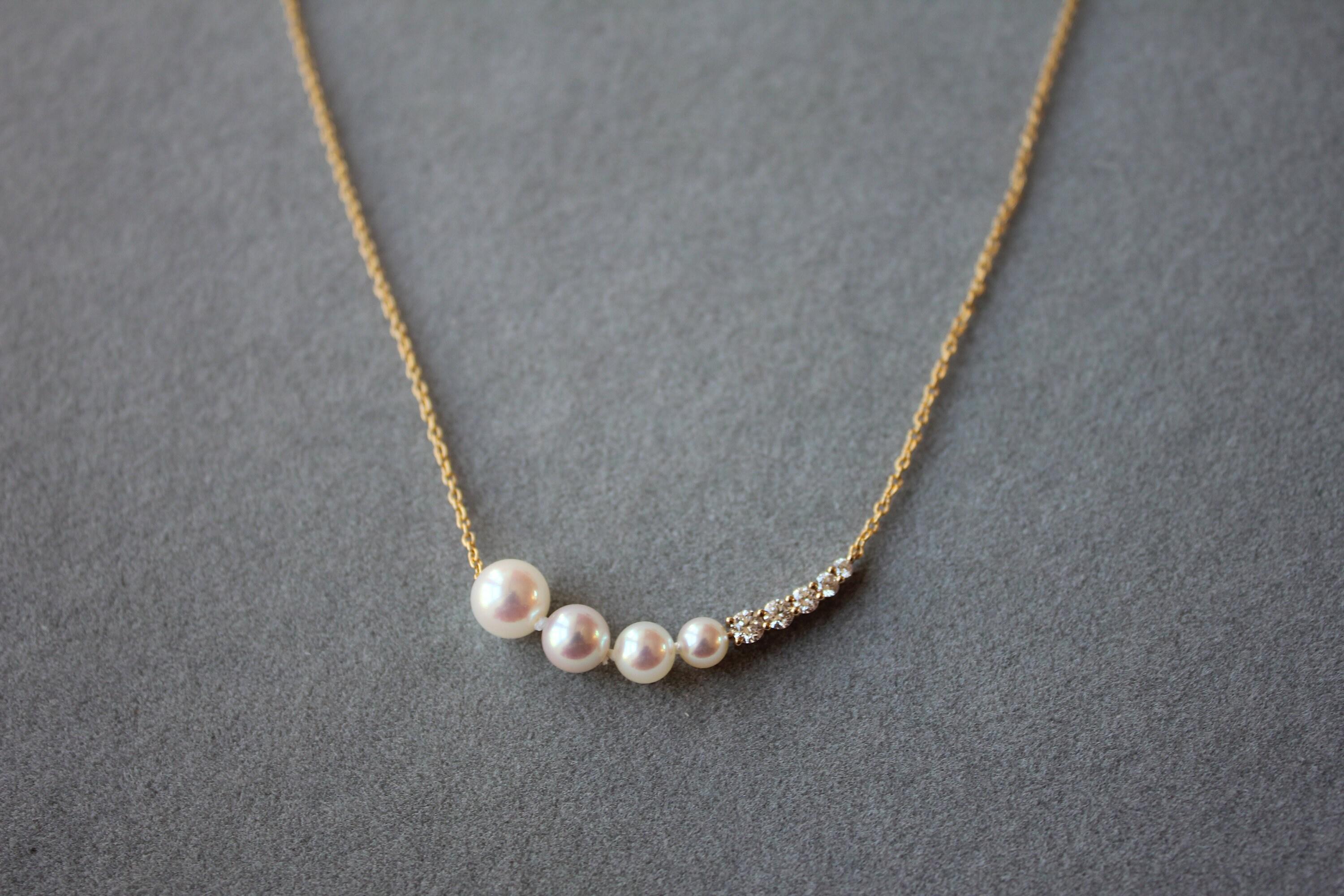 14 Karat Yellow Gold White Akoya Pearl White Diamond Layer Dainty Classic Beauti