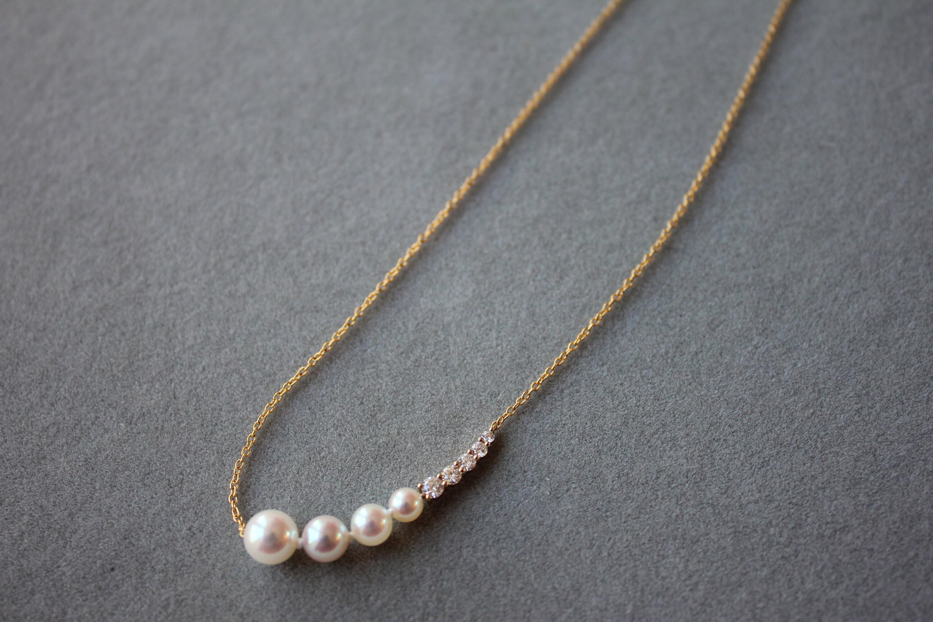 14 Karat Yellow Gold White Akoya Pearl White Diamond Layer Dainty Classic Beauti