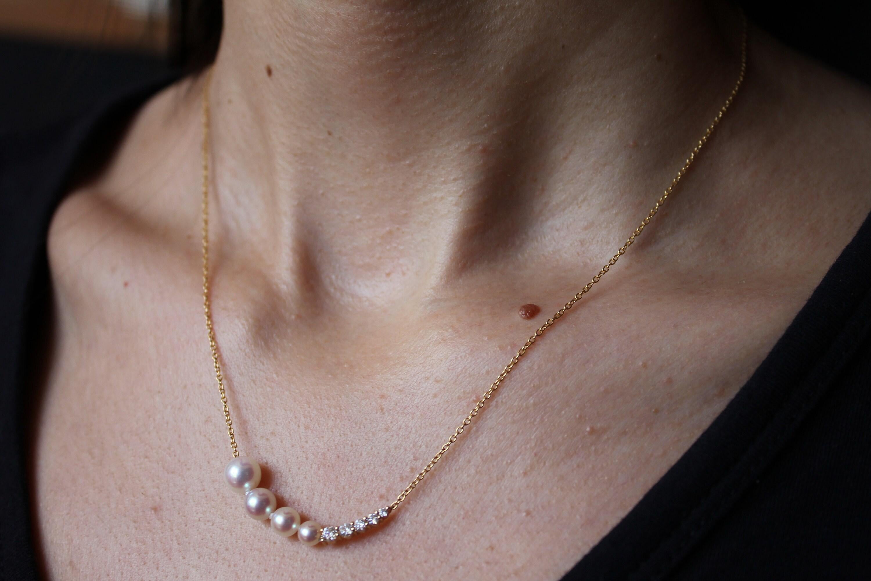 14 Karat Yellow Gold White Akoya Pearl White Diamond Layer Dainty Classic Beauti