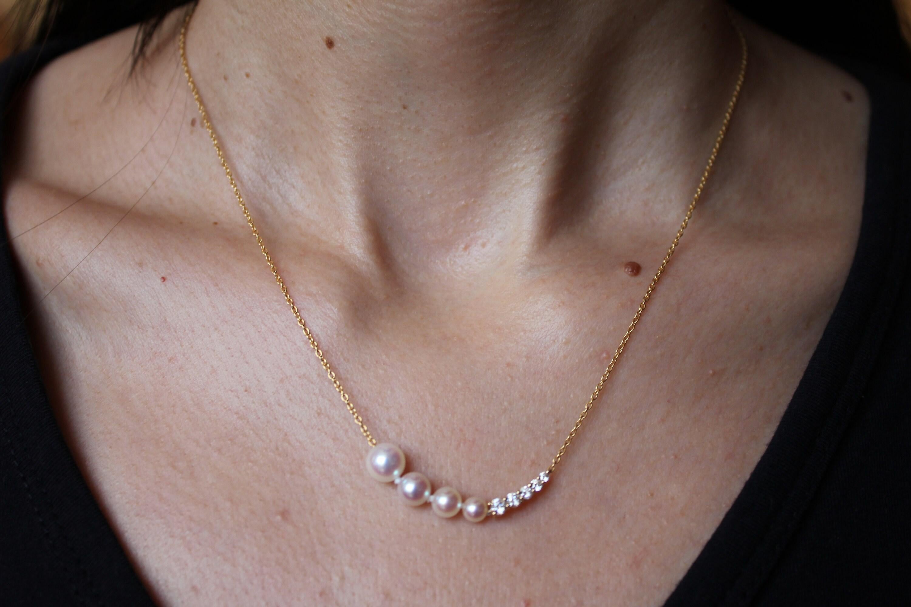 14 Karat Yellow Gold White Akoya Pearl White Diamond Layer Dainty Classic Beauti