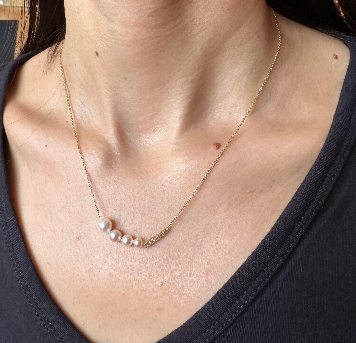 14 Karat Yellow Gold White Akoya Pearl White Diamond Layer Dainty Classic Beauti