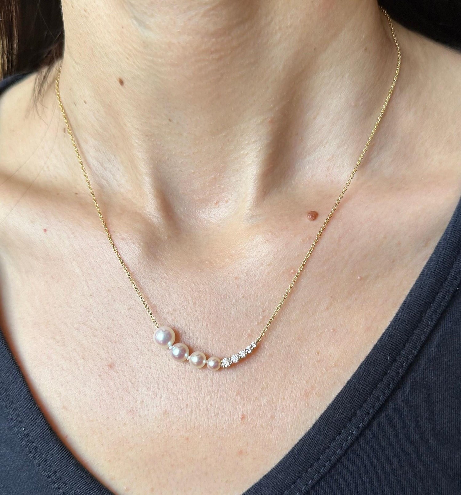 14 Karat Yellow Gold White Akoya Pearl White Diamond Layer Dainty Classic Beauti