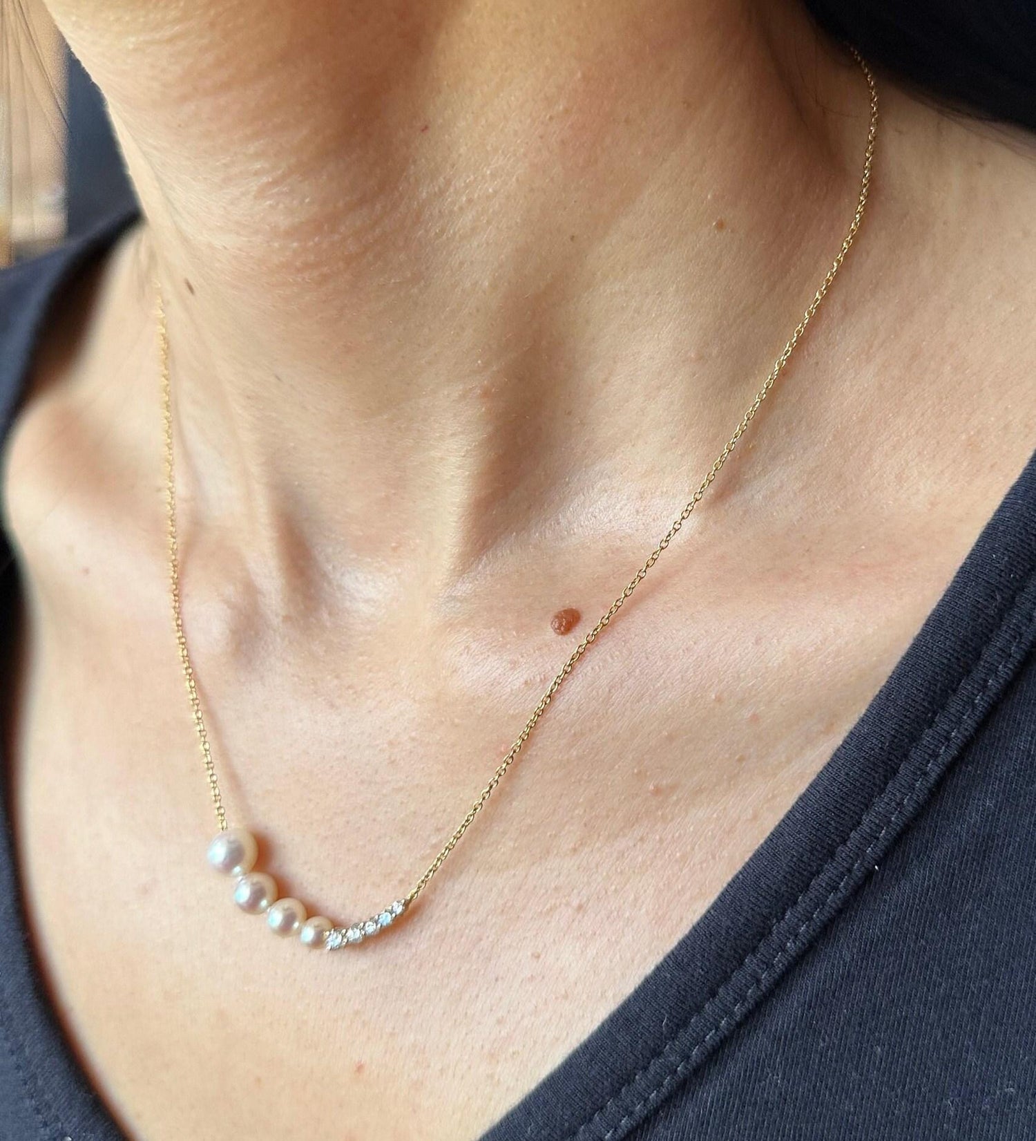14 Karat Yellow Gold White Akoya Pearl White Diamond Layer Dainty Classic Beauti