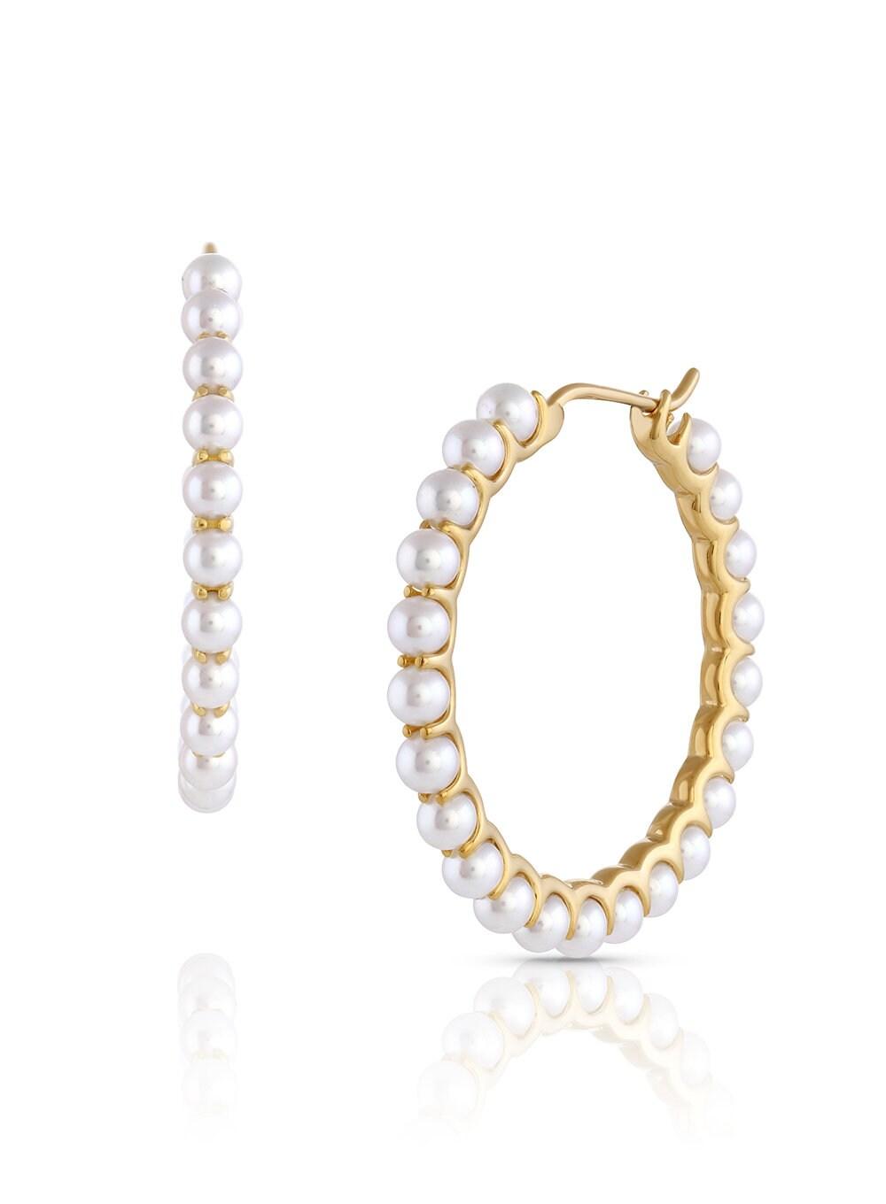 14 Karat Yellow Gold White Silvery Baby Akoya Pearl Line Unique Statement Medium