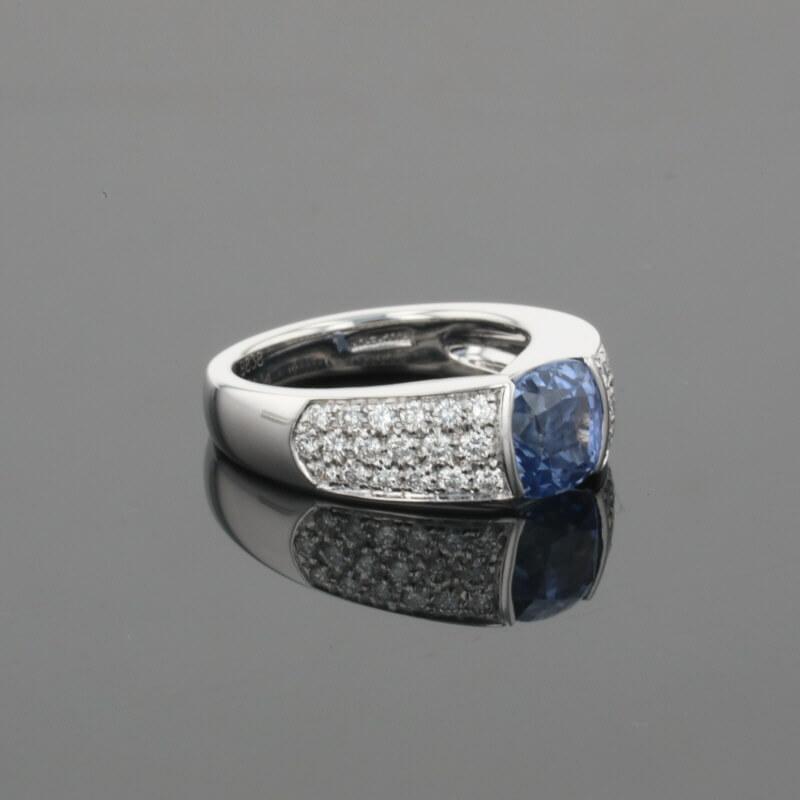 Boucheron Cushion Blue Sapphire &amp; Diamonds Pave Set 18K White Gold Ring