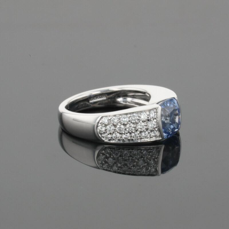 Boucheron Cushion Blue Sapphire & Diamonds Pave Set 18K White Gold Ring