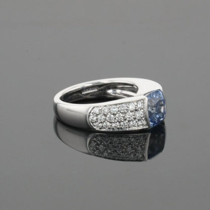 Boucheron Cushion Blue Sapphire &amp; Diamonds Pave Set 18K White Gold Ring