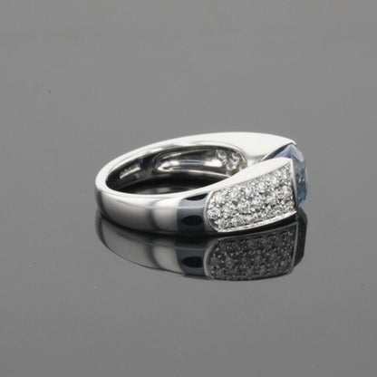 Boucheron Cushion Blue Sapphire &amp; Diamonds Pave Set 18K White Gold Ring