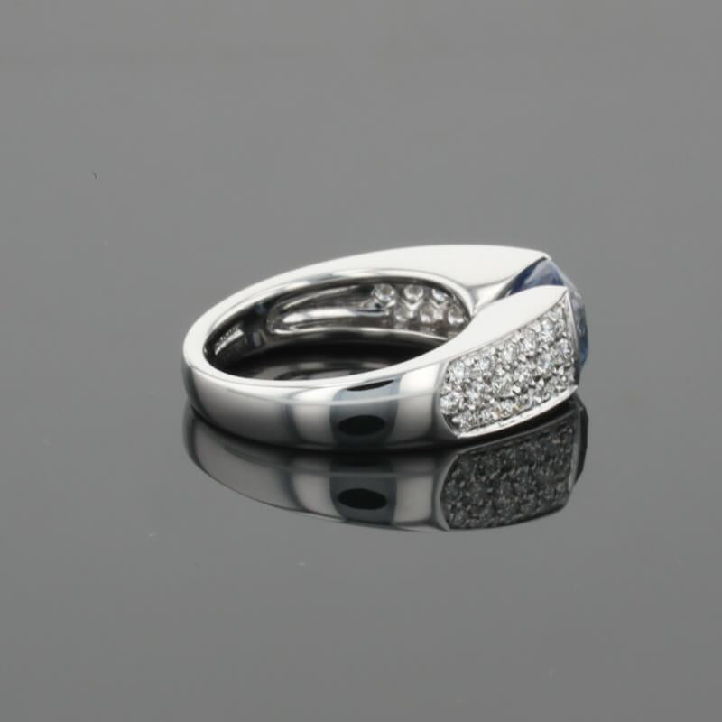 Boucheron Cushion Blue Sapphire &amp; Diamonds Pave Set 18K White Gold Ring