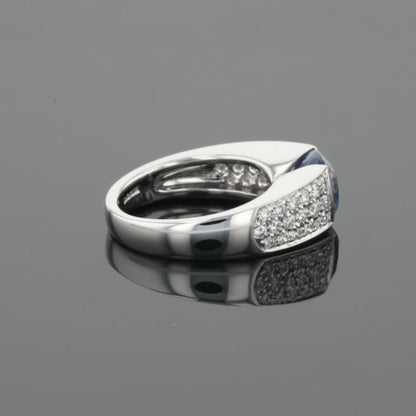 Boucheron Cushion Blue Sapphire &amp; Diamonds Pave Set 18K White Gold Ring