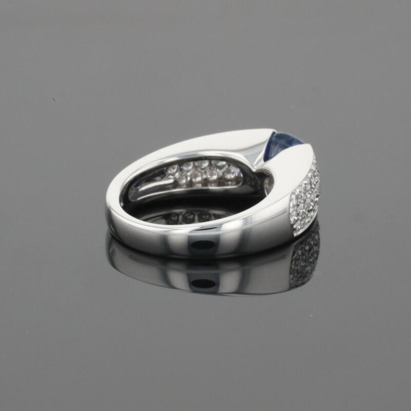 Boucheron Cushion Blue Sapphire & Diamonds Pave Set 18K White Gold Ring