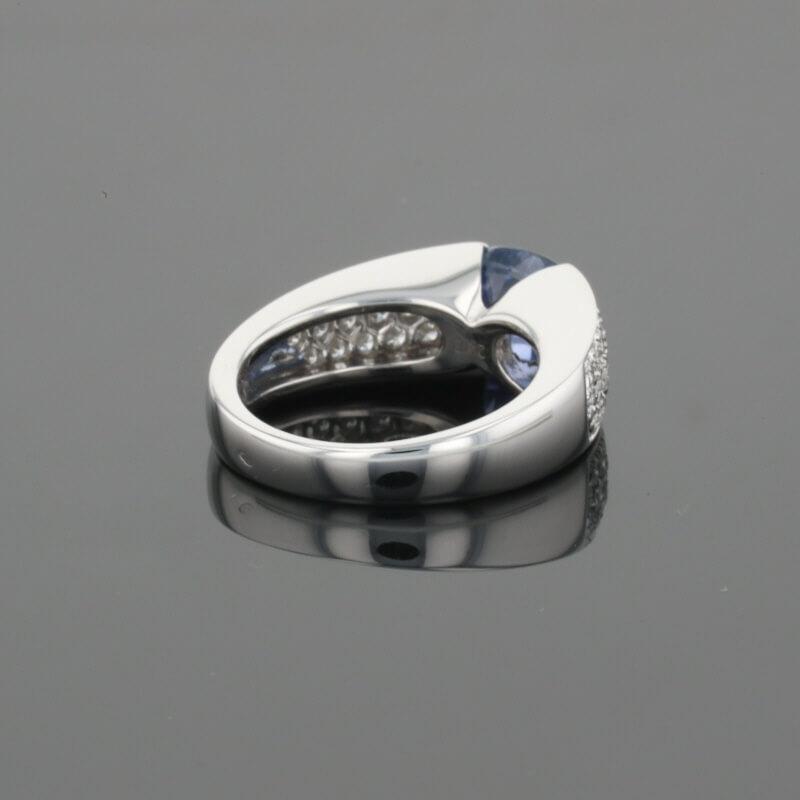 Boucheron Cushion Blue Sapphire &amp; Diamonds Pave Set 18K White Gold Ring