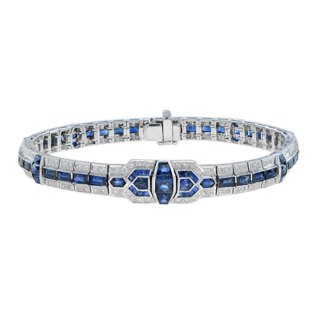 Art Deco Style Blue Sapphire &amp;  Diamond Tennis Unique 18K White Gold Bracelet