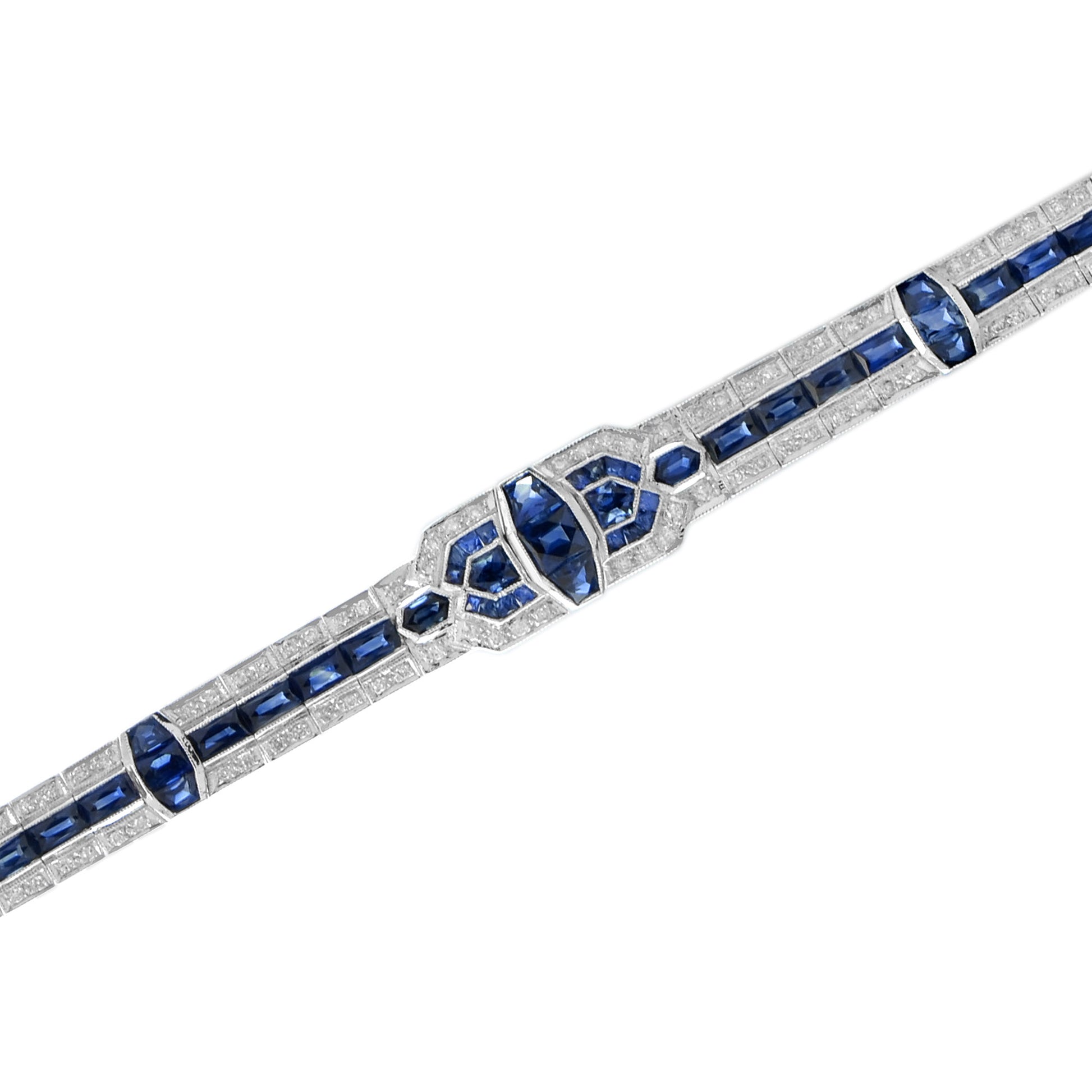 Art Deco Style Blue Sapphire &  Diamond Tennis Unique 18K White Gold Bracelet