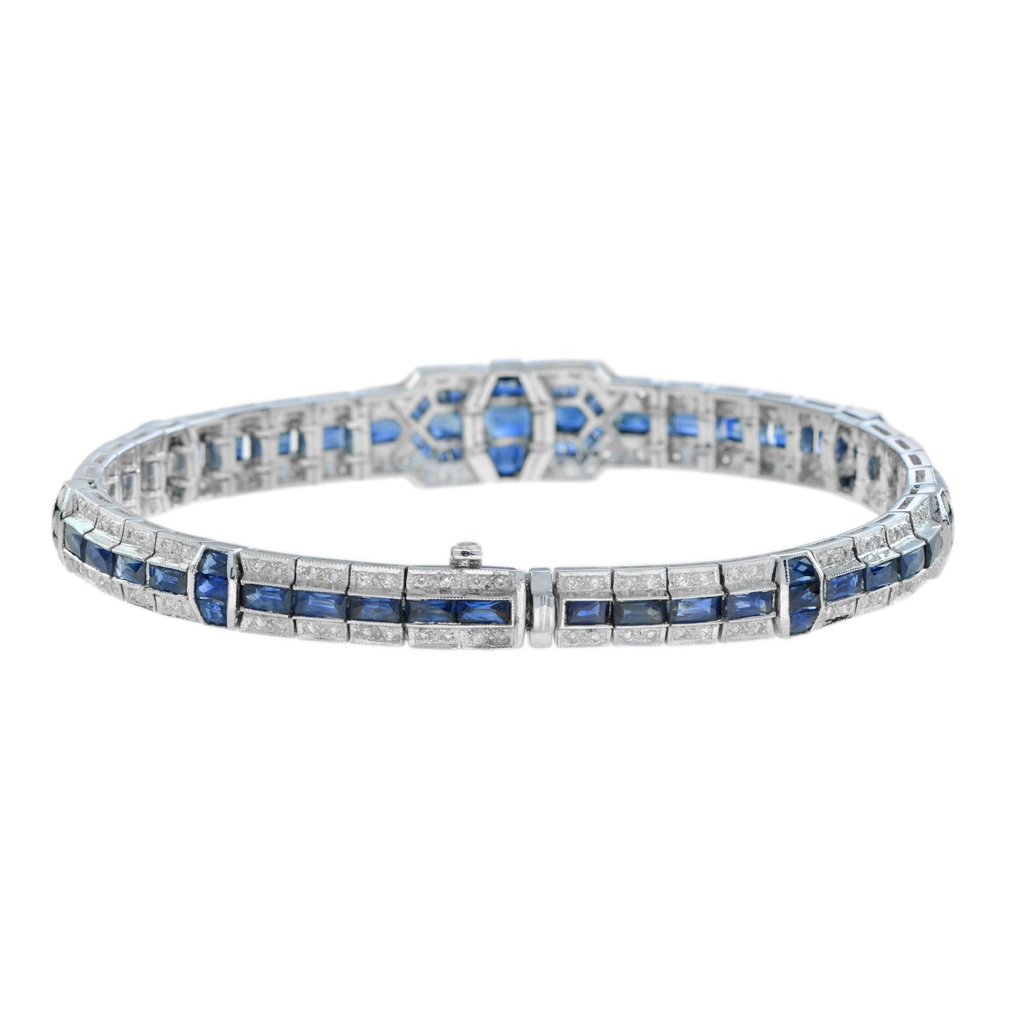 art deco style blue sapphire &  diamond tennis unique 18k white gold bracelet